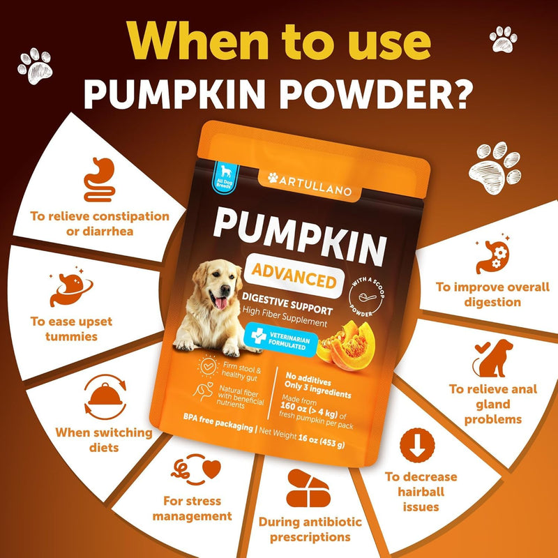 Pumpkin Powder for Dogs Digestive Support - 16 OZ - Fiber Supplement for Constipation - For Gut Balance, Healthy Skin, Digestion, Anal Glands, Firm Stool, Poop, Anti Diarrhea, Gas Relief - Made in USA - PawsPlanet Australia