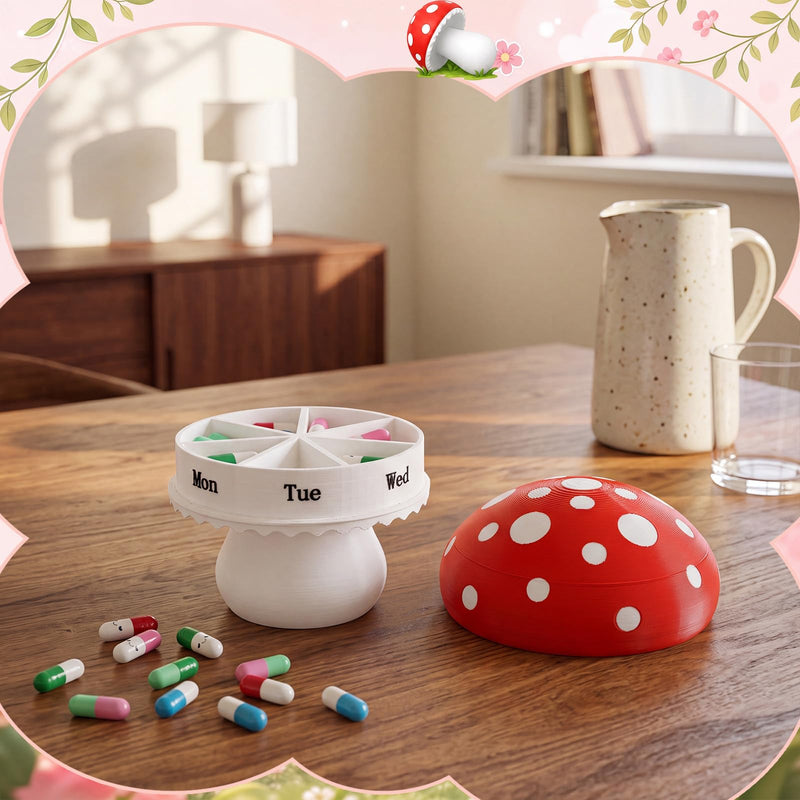 Mifoci 3D Printed Mushroom Pill Organizer Large Weekly Pill Case Mushroom Cute Decorative Medicine Box 7 Day Medication Container for Fish Oil Vitamins Supplements 4 Inch