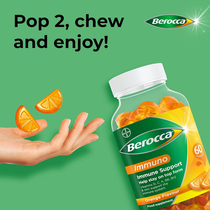 Berocca Immuno Multivitamin Gummies - Immune System Support Including Vitamin D, C, A, B-Complex (B6, B7, B12), E and Zinc - Supplement for Women, Men and Kids - 60 Gummies x 3 Pack- Orange Flavour 1 count (Pack of 180)