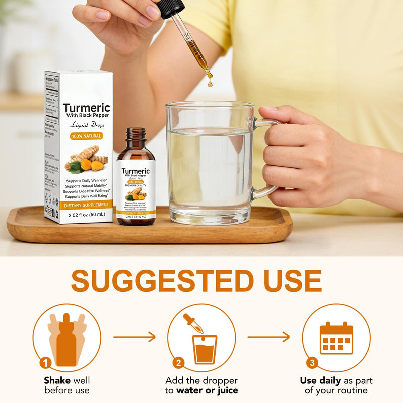 Turmeric Supplement Liquid 2.02 Fl oz - Natural Turmeric & Black Pepper Liquid Drops with Turmeric Root Extract and Piperine for Enhanced Absorption, Alcohol-Free, Sugar-Free & Vegan