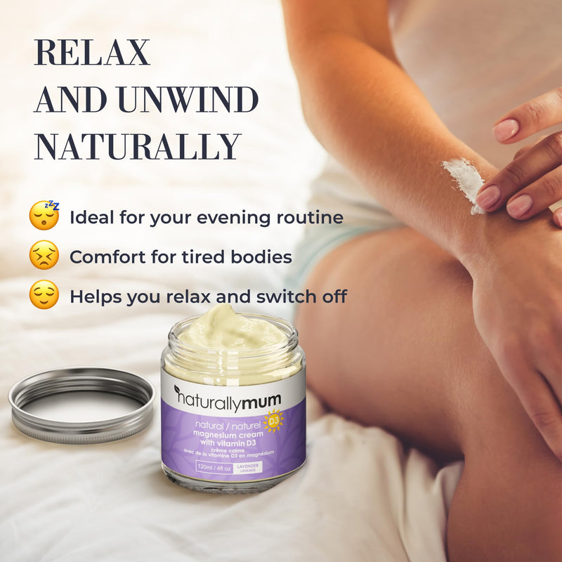 NaturallyMum Magnesium Calm Cream with Vitamin D3 & Lavender – Natural Magnesium Body Cream for Relaxation, Hydrating Skin Care & Bedtime Self Care – Vegan Friendly – 4 Fl oz 4 Fl Oz (Pack of 1)