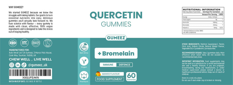 Quercetin Gummies with Bromelain & Vitamin C - 500mg Quercetin Complex Supplement - High Strength Antioxidant & Immune Defence Support - Vegan Mango Flavour - 60 Gummies