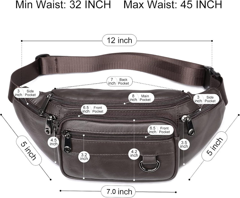 Genuine Leather Fanny Pack HandMade Durable cowhide Waist Bag Lots of Anti-theft zipper pocket Coffee