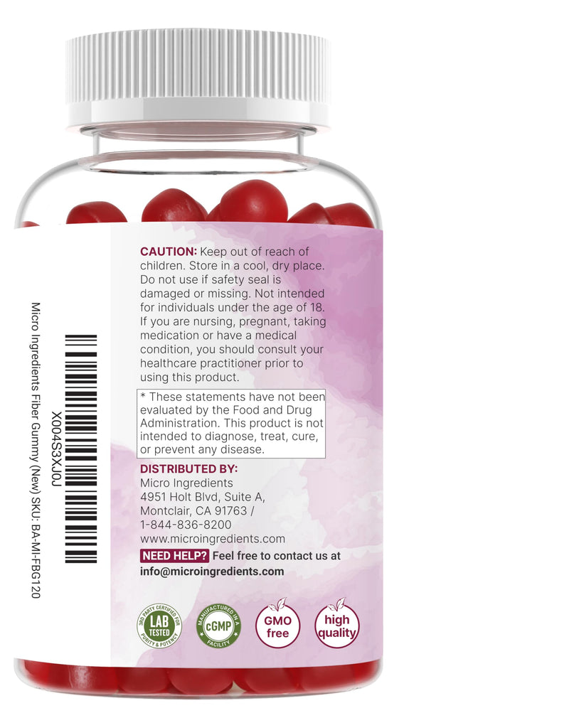 Micro Ingredients Fiber Gummies with Probiotics, 120 Count | 6g Per Serving + 2 Billion CFU | Sugar Free Peach Cherry Flavor | High Fiber Supplement for Women & Men | Non-GMO, Gluten Free