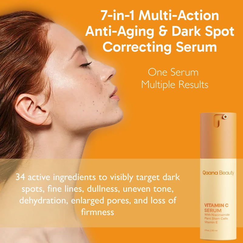 Qaana Super Vitamin C Face Serum for Mature Skin: 7-in-One Hydrating Anti-Aging Formula with Vitamin C, Hyaluronic Acid, Caffeine-Firming, Lifting, Targets Wrinkles, Dark Spots 1 fl oz