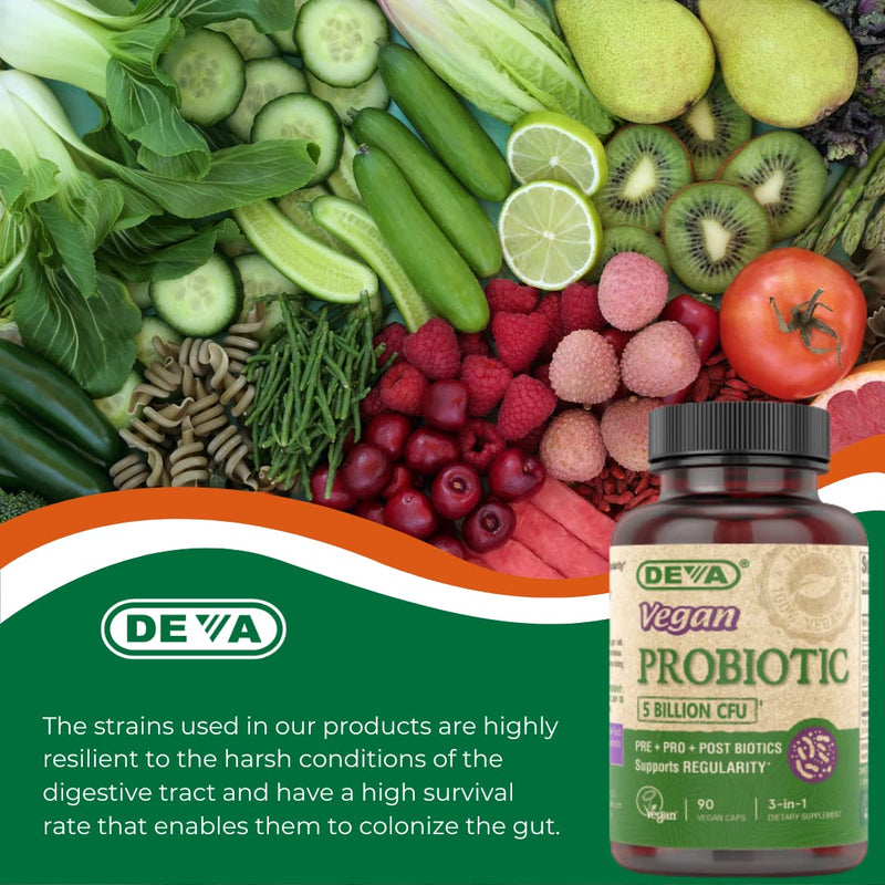 DEVA Vegan Probiotic Supplement - Pre, Pro, and Postbiotics for Digestive Health, 5 Billion CFU, Soil-Based, Spore-Forming, Dairy Free, FOS Prebiotics, for Women and Men, Vegan Capsules, 90 Count 90 Count (Pack of 1)