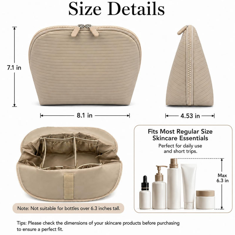 Standing Fold Down Parallel Travel Makeup Bag for Women, Cosmetic Organizer with Multi-Compartments, Stand Bag Organizes skincare, Makeup and Brushes (Premium Version, Bisque, Medium)