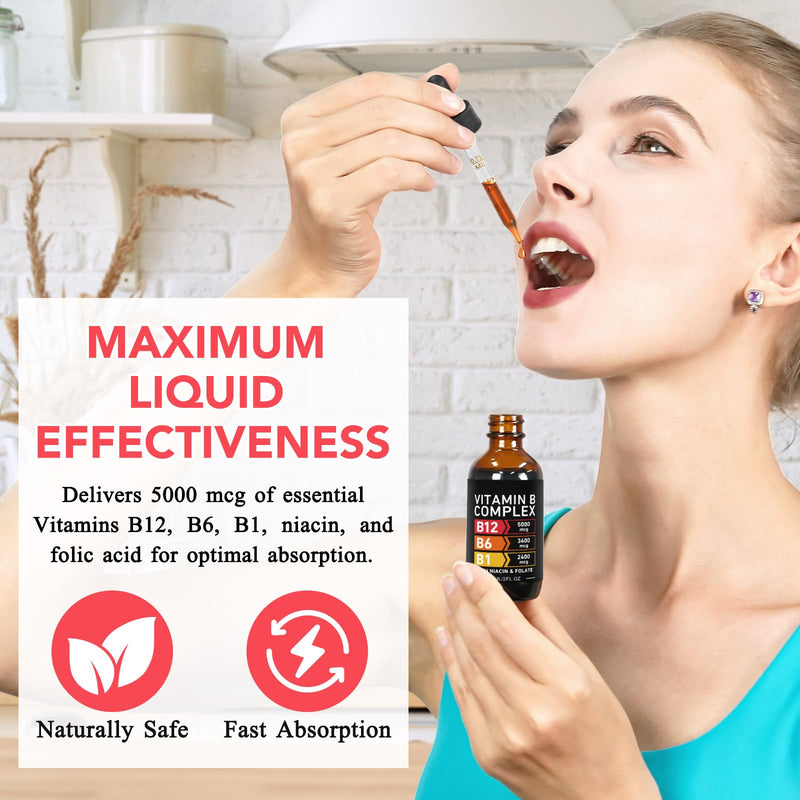 YLXYZUAD Vitamin B Complex Liquid Drops - Vitamin B12 5000mcg | B1, B3, B6, B9 | Niacin & Folate | 60ml (2 Fl Oz)