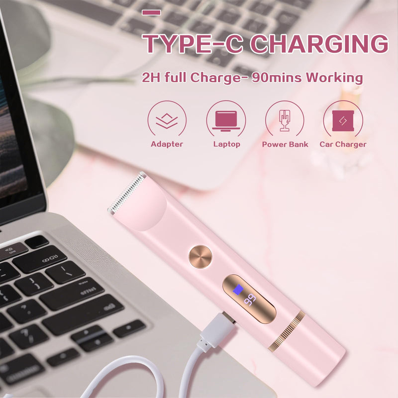 [Australia] - 2026 Upgrade Bikini Trimmer for Women, 2 in 1 Dual Head Electric Shaver with LED Display, IPX7 Waterproof Body Pubic Hair Trimmer Rechargeable Electric Razor for Armpit Leg Body Facial Wet & Dry Use 