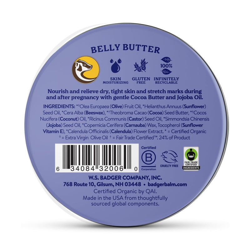 [Australia] - Badger Belly Butter, Organic Stretch Mark Cream for Pregnant Belly, Rich Hypoallergenic Moisturizing Organic Cocoa Butter & Coconut Body Butter for Women, 2 oz Tin 2 Ounce (Pack of 1) 
