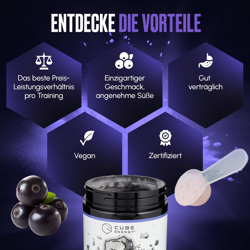 [Australia] - Cube Energy Crush Pre Workout Booster - 2in1 focus & pump formula with 300 mg caffeine - no crash - high dose & vegan - Made in Germany - 22 portions of 25 g each - Acai flavor 