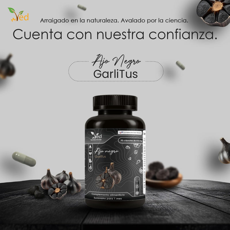 VED Black Capsules Garlitus - High Strength Odourless Capsules with Aged Garlic Extract, Vegan 90 Capsules with Cinnamon Bark and ALA Zinc, Vitamin B6, B1, B9, & B12.