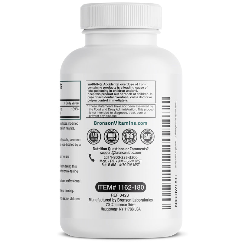 Bronson Iron Bisglycinate 25 mg Gentle on The Stomach, Supports Energy & Healthy Red Blood Cell Production - Non-Constipating Formula - Non GMO, 180 Vegetarian Capsules 180 Count (Pack of 1)