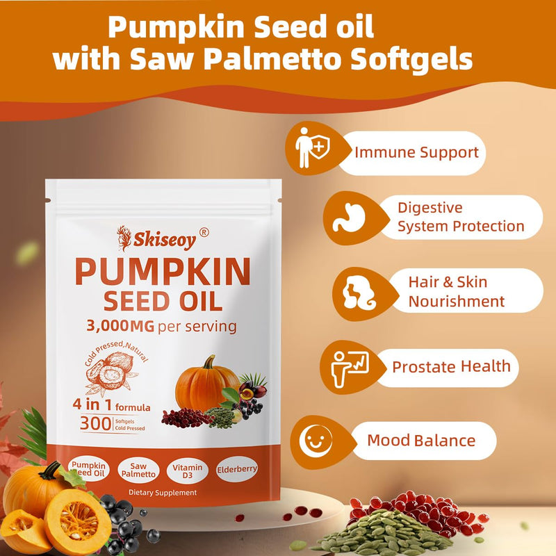 [Australia] - Pumpkin Seed Oil with Saw Palmetto, 300 Softgels | 4 in 1 Vitamin D3 & Elderberry, 3000mg Cold Pressed & Pure Virgin Oil | Supports Hair, Urinary, Bladder & Prostate Health, Immune | Vegan, Non-GMO 