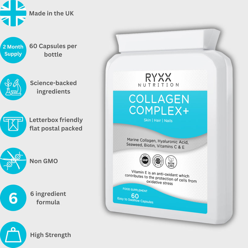 Collagen Complex+ | Marine Collagen Supplement with Hyaluronic Acid, Biotin, Vitamin C & E | Skin, Hair & Joint Support | 60 Capsules | Made in the UK by RYXX