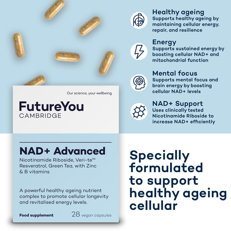 FutureYou Cambridge NAD+ Advanced – Cellular Energy & Healthy Ageing Support with Nicotinamide Riboside, Veri-te Resveratrol, Green Tea Extract, Zinc & B Vitamins – Vegan, 28 Capsules (28-Day Supply)
