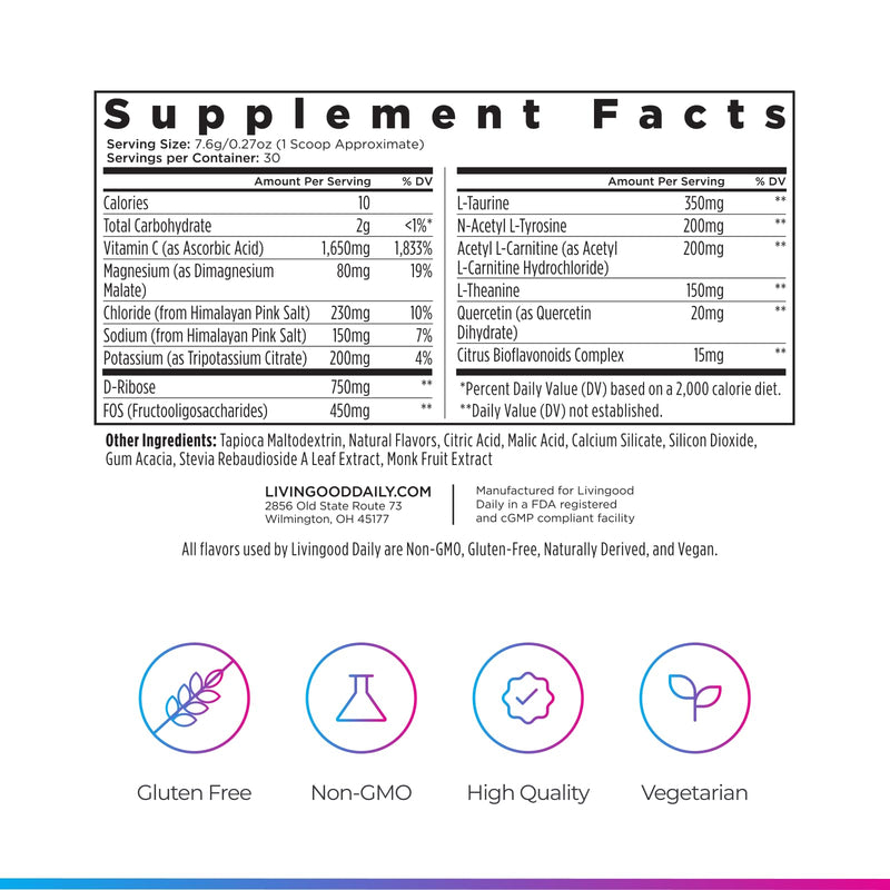 Livingood Daily Sugar Free Electrolytes Powder, Strawberry Lemonade, 30 SRV | 4-in-1 Hydration Formula, D-Ribose, L-Tyrosine, Taurine, Vitamin C and Quercetin, Electrolyte Drink Mix, Keto, Made in USA