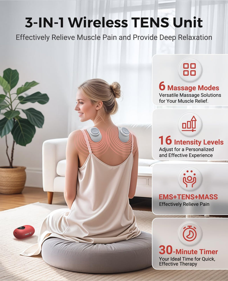 Wireless TENS Unit, Muscle Stimulator for Pain Relief, U8PRO TENS Machine | Dual Channel, Pocket-Size, EMS Massage with Charging Case, LED Screen, Portable Massager for Back, Shoulder, Waist, Red