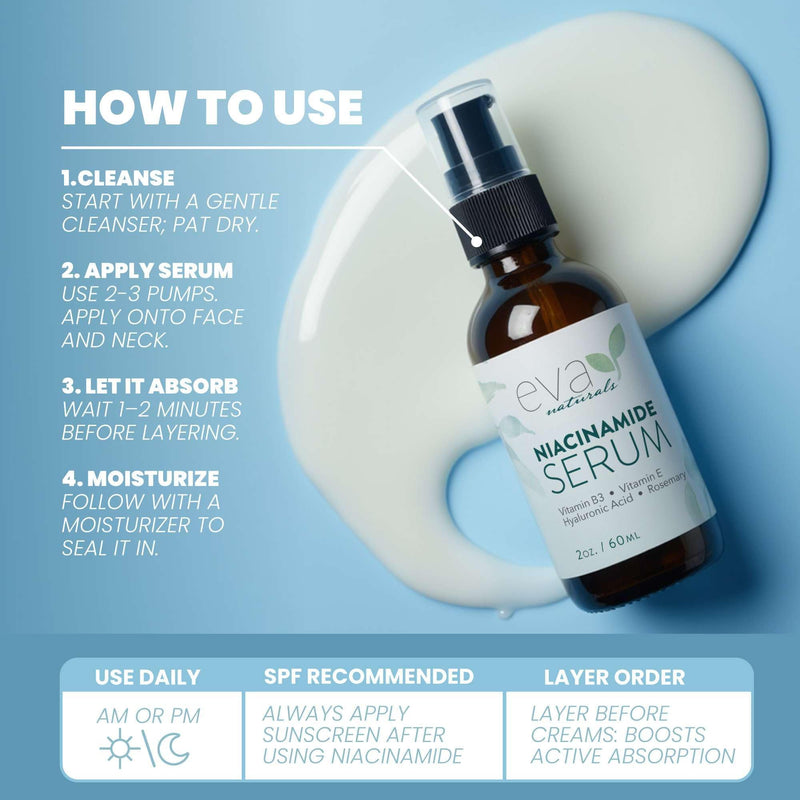 Eva Naturals Niacinamide 5% Serum, Hyaluronic Acid, Vitamin E & Aloe, 2 oz | Neem, pore minimizer, dark spots, breakouts, b3, non-greasy, hydrating, anti-aging Herbal 2 Fl Oz (Pack of 1)