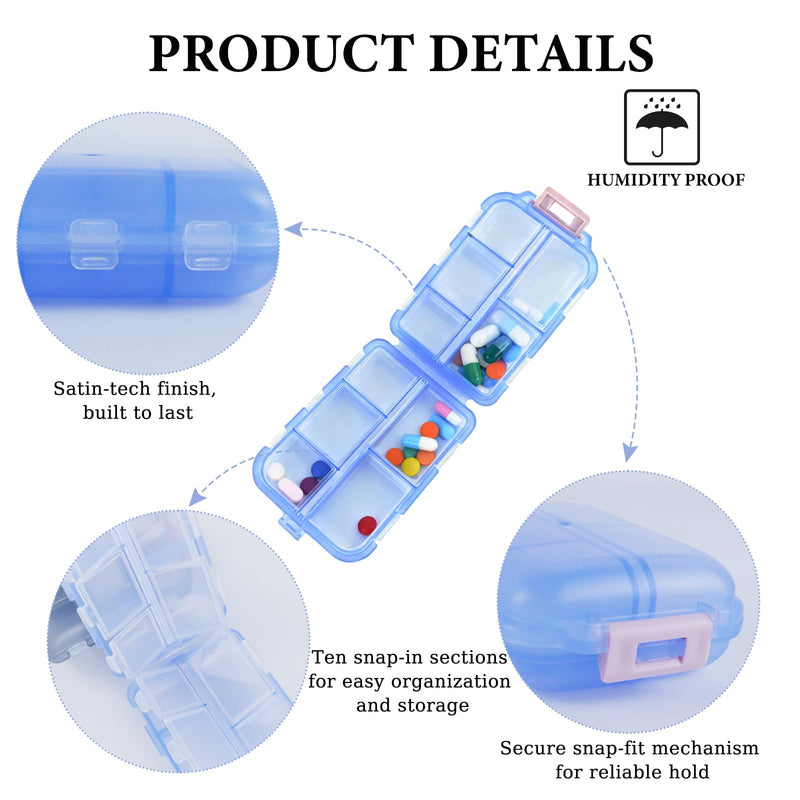 8Pack Travel Pill Organizer, 10 Compartments Portable Folding Pill Box for Daily Storage, Vitamins, Fish Oil, Supplements(Blue) Blue 8PC