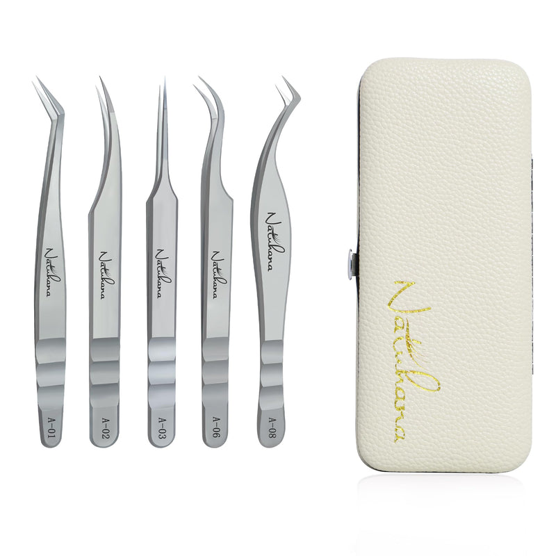 High Precision Lash Tweezers for Individual and Volume Eyelash Extensions Premium Stainless Steel Curved Fiber Tip Professional Isolation Tweezer A-08+06+03+01+02