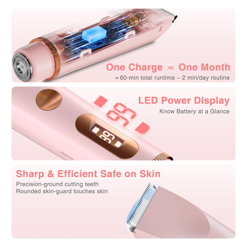 Dual-Head Bikini Trimmer for Women – 2-in-1 Electric Razor, IP67 Waterproof Wet & Dry Pubic Hair Trimmer, Face & Body Shaver with LED% Display, USB-C Rechargeable-X1 Pro Petal Pink