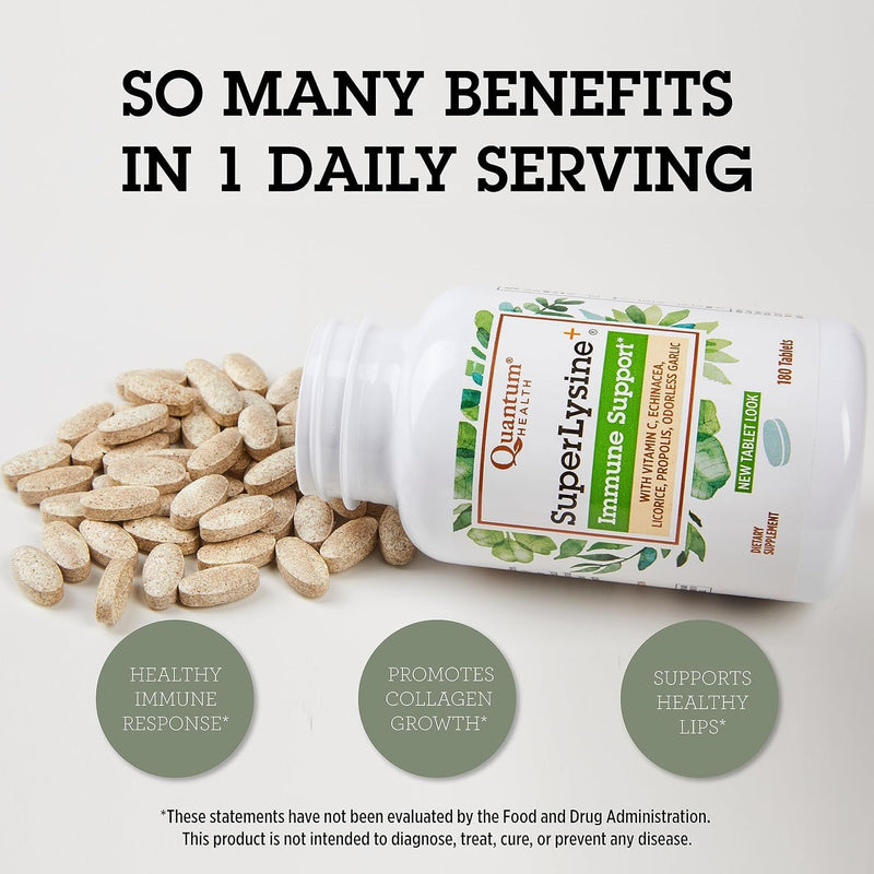 Quantum Health SuperLysine+ 1500mg L-lysine Immune, 180 Tablets (Pack of 2) | Essential Amino Acid, Vitamin C, Echinacea, Licorice, Bee Propolis & Odorless Garlic, Daily Formula Unflavored 180 Count (Pack of 2)