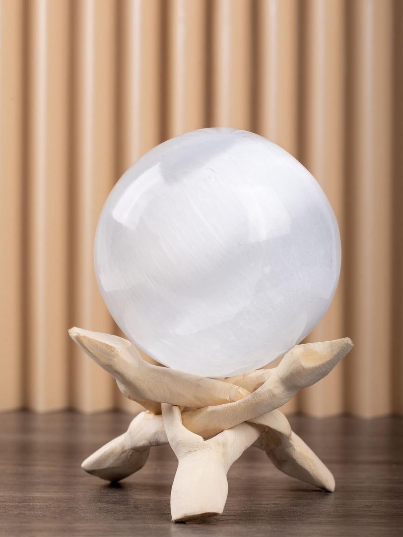 Wish Well Large Selenite Crystal Sphere with Natural Wooden Stand | 3.14" Selenite Crystal Sphere with 4" Wooden Stand for Cleansing, Energy Healing, Protection, Spiritual Decor, and Gifts