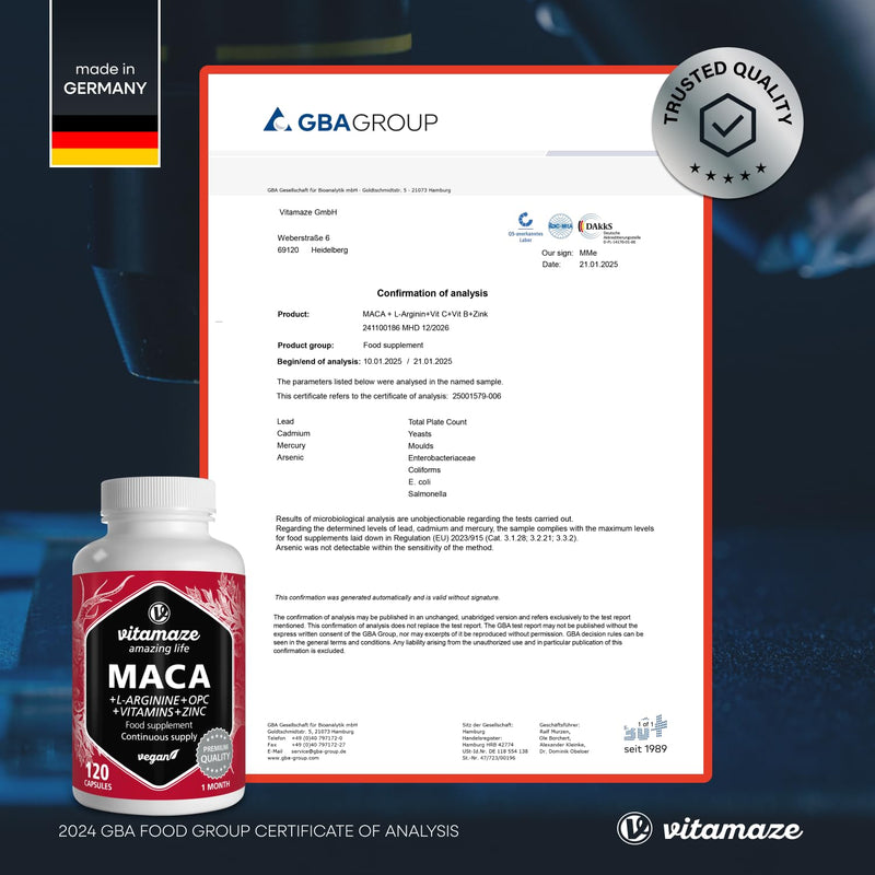 Maca Root Capsules - Libido Booster for Men and Women - Natural Testosterone Substitute - 5000 mg Maca Extract Powder + L-Arginine + Vitamin B6, B12 + OPC + Zinc - 120 Organic Capsules Maca Root 5000 mg