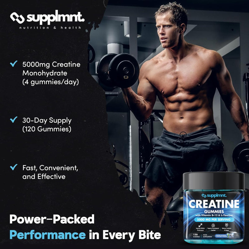 Supplmnt. Creatine Gummies 5000mg Lab-Tested 120ct Max Strength Muscle Growth/Recovery Supplements for Men & Women Creatine Monohydrate B12 & L-Taurine Vegan Gym Pre Workout Gummies, Blueberry