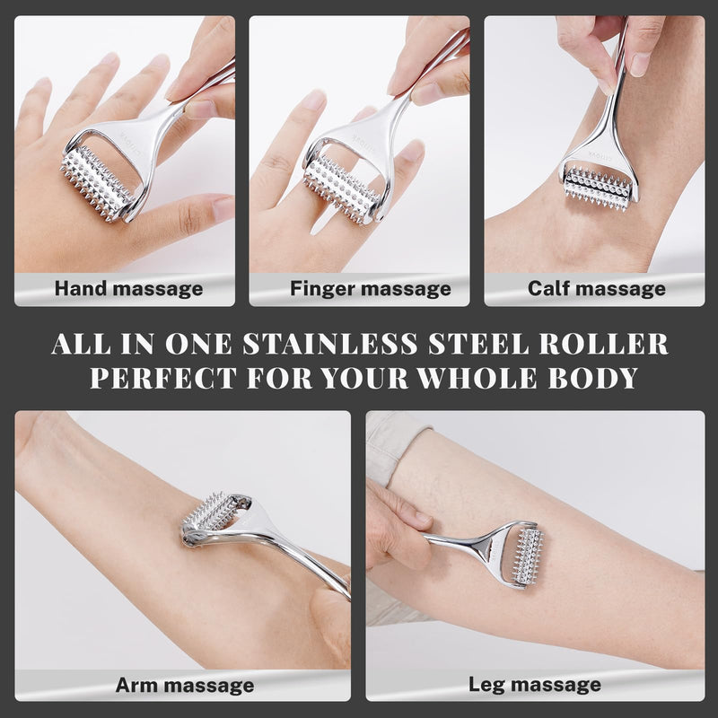[Australia] - Acupuncture Massage Roller, Stainless Steel, Portable Manual Roller for Whole Body Pain Relief, Puffiness Reduce and Muscle Relaxation Massage, Silver 