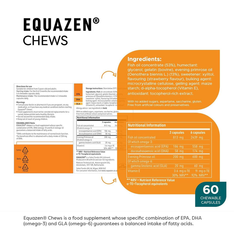 Equazen® Omega 3 & 6 Chews for Kids, Brain & Cognitive Support, DHA, EPA & GLA, Clinically Researched 9:3:1 Formula, Strawberry Flavour, Halal Certified, Age 3+, 60 Pack