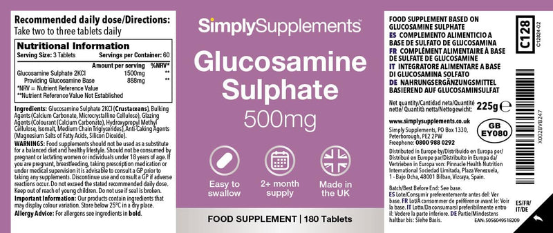 Glucosamine Sulphate 2KCl 500mg Tablets | Marine Sourced Supplement for Active Lifestyles | 360 Easy-to-Swallow Tablets | 4-Month Supply | UK Made to GMP Standards Unflavoured 180 count (Pack of 2)