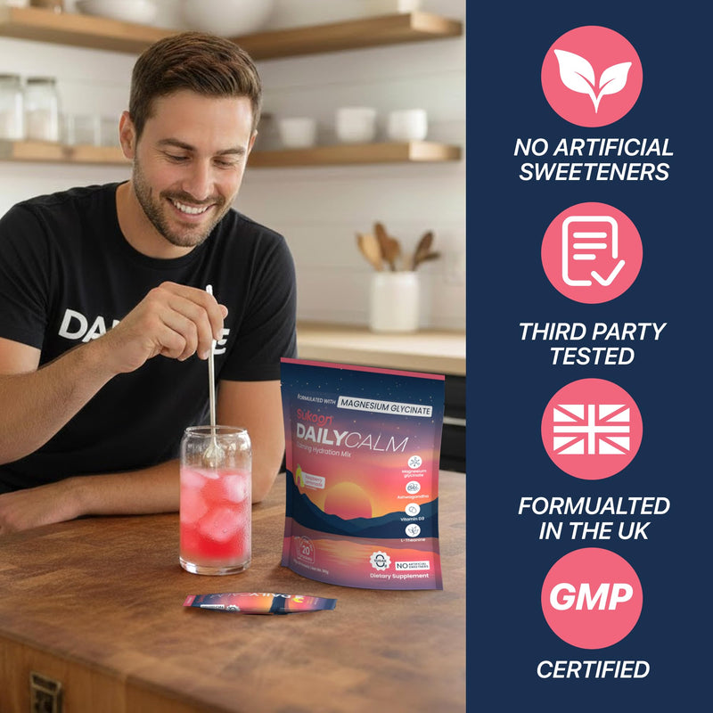 Sukoon Dailycalm Powdered Drink Mix, Cortisol Reducer and Sleep Aid Supplement, Magnesium Glycinate L-Theanine, Ashwagandha, Vitamin D3, No Sugar, Non GMO, On The Go, 20 Servings, Raspberry Lemonade