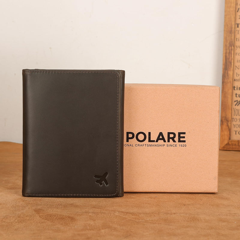 Polare Full Grain Leather Pilot Wallet Passport Holder RFID Blocking Trifold Wallet for Men Travel Cover Document Organizer for Aviation Professionals Dark Brown