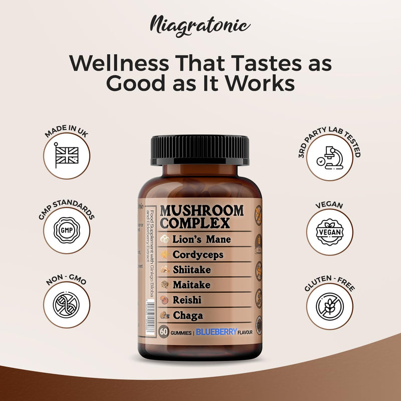 Mushroom Complex Gummies - 6 Mushroom Blend with Lion’s Mane, Reishi, Cordyceps, Shiitake, Maitake & Chaga + Ginkgo & Elderberry - Sugar Free Blueberry Flavour - 60 Gummies
