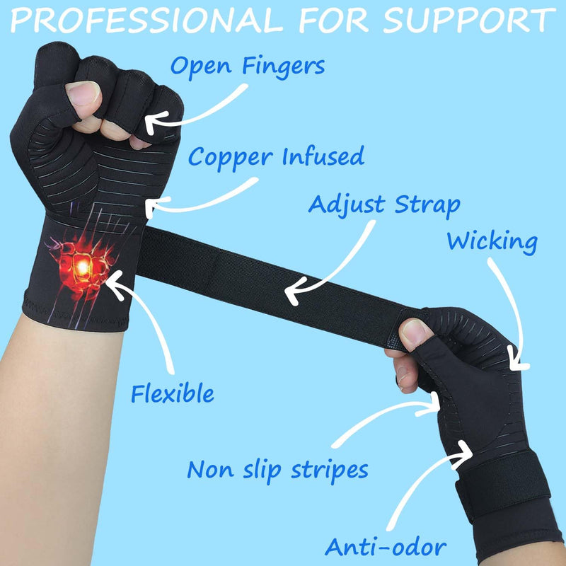 [Australia] - Copper Arthritis Gloves for Women Men, Fingerless Compression Gloves for Arthritis, Carpal Tunnel, Pain Relief, Swelling, Rheumatoid, Typing, Adjustable Wrist Strap (1pair, Small/Medium) Small-Medium 1pair Open Finger 