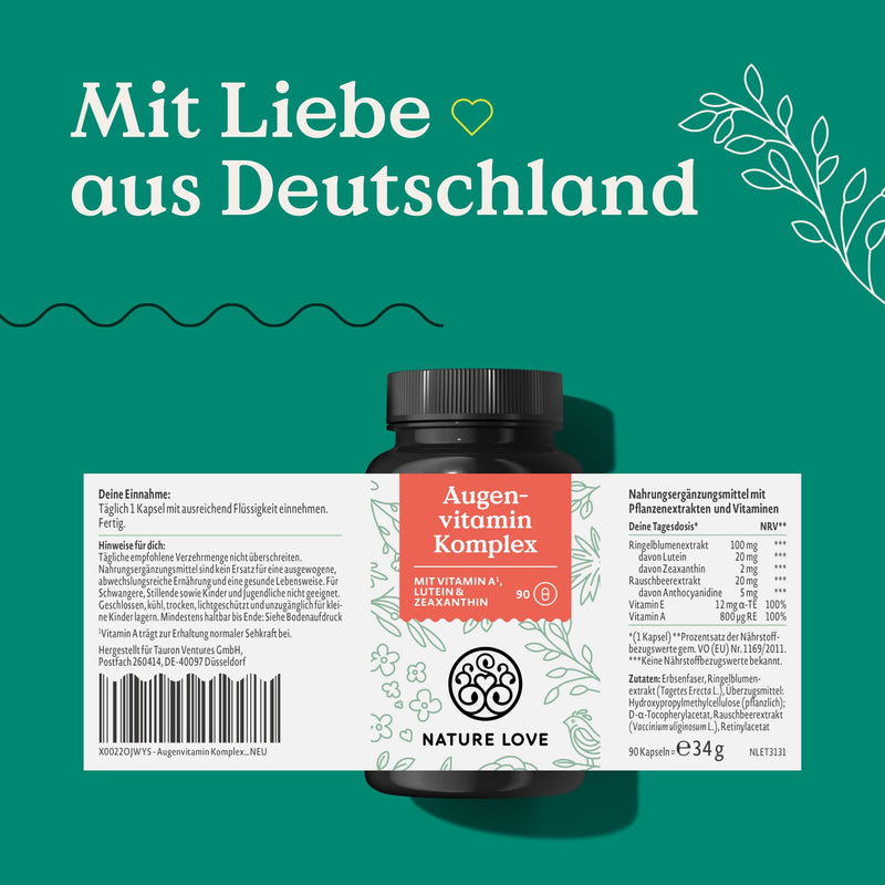 [Australia] - NATURE LOVE® eye vitamin complex - 90 capsules with vitamin A - with lutein, zeaxanthin and vitamin E - vegan, high dosage, without unnecessary additives - laboratory tested in Germany 