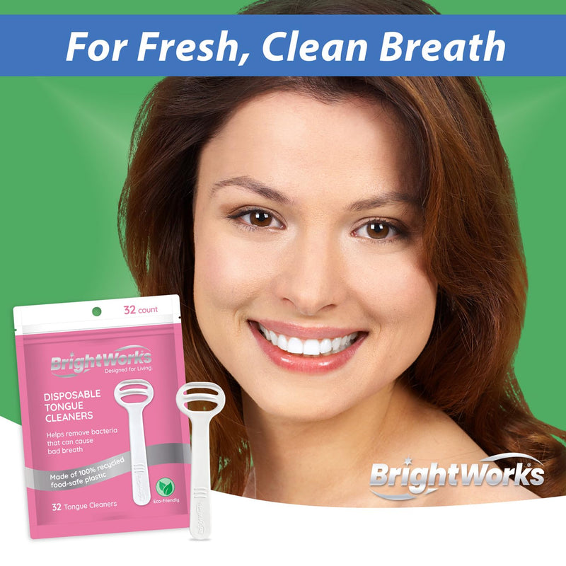 [Australia] - Brightworks Disposable Tongue Scraper for Adults – 96 Count Hygienic Tongue Cleaner for Fresh Breath – Recycled Plastic, Curved Design Tongue Cleaner – Travel-Friendly 