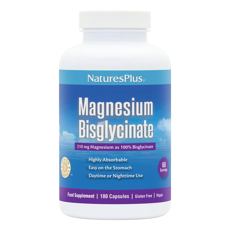 NaturesPlus Magnesium Glycinate Capsules - Gentle Magnesium Supplement, Active Bisglycinate Form - Sleep, Relaxation, Stress Support - Vegan, Gluten Free - 180 Capsules