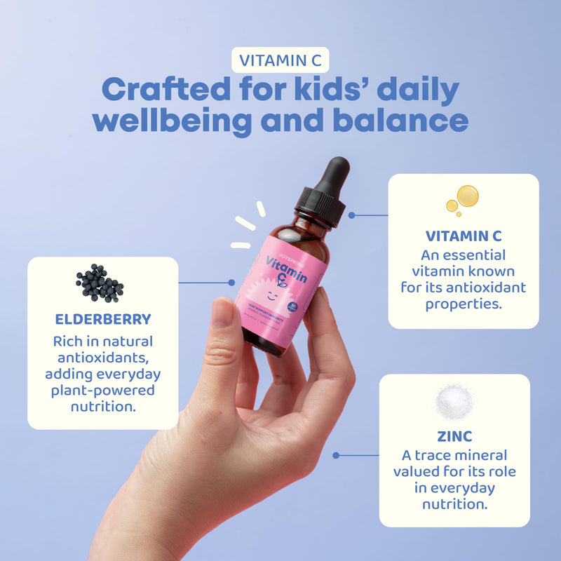 JoySpring Kids Vitamin C Drops, Elderberry, 4 fl oz, 60 Count | Paired with zinc for daily immune wellness, sugar-free liquid, no dyes, family size, easy to add to water or juice 4 Fl Oz (Pack of 1)