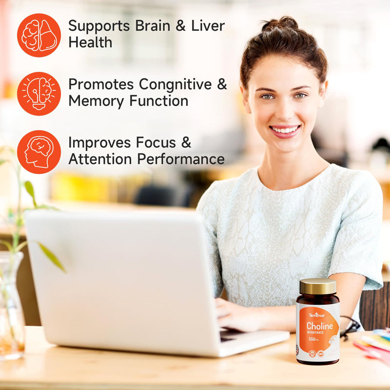[Australia] - Choline Bitartrate 550mg, Supports Liver & Brain Health, High Absorption Choline Supplements, Non-GMO, Gluten-Free, Made in USA, 60 Vegan Capsules 60 Count (Pack of 1) 