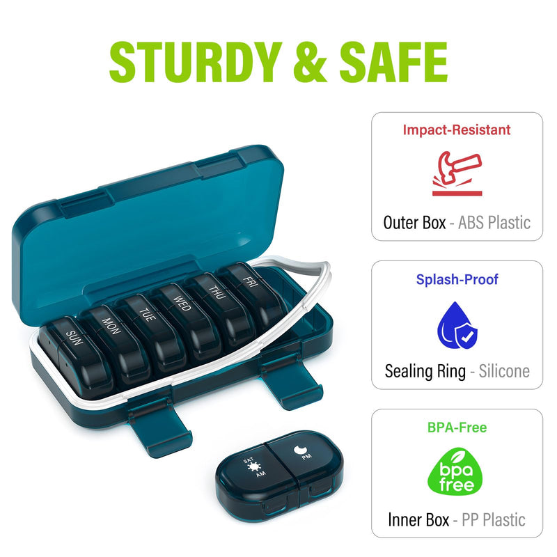 Vikie Weekly Pill Organizer 2 Times a Day with AM PM Sections, BPA-Free, Portable & Moisture-Proof for Pills, Vitamins, Supplements (2x7 Blue) 2 Times * 7 Days