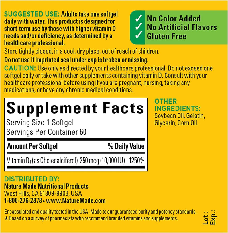 Nature Made Maximum Strength Vitamin D3 10000 IU (250 mcg), Dietary Supplement for Bone, Teeth, Muscle and Immune Health Support, 60 Softgels, 60 Day Supply - Pack of 2 60 Count (Pack of 2)