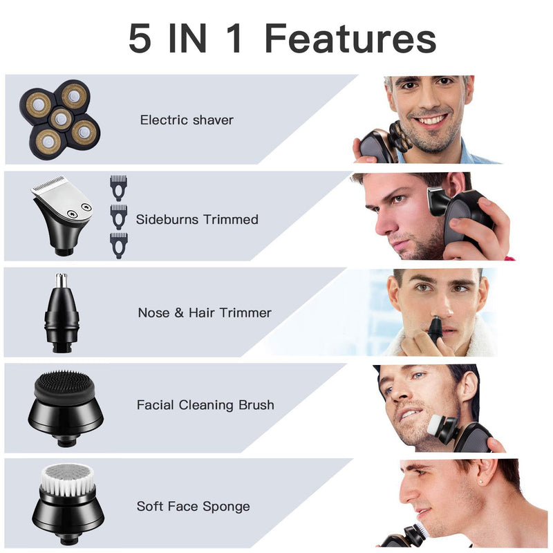 Electric Razor for Men Head Shaver for Bald Men Grooming Kit 5 in 1 Wet Dry Rotary Shavers Nose Hair Beard Trimmer Clippers Facial Cleansing Brush Cordless Waterproof USB Charging Rechargeable