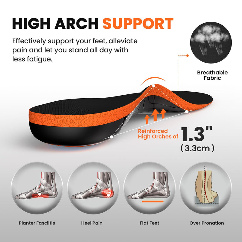 [Australia] - Work Insoles Fatigue Relief High Arch Support, Welnove Plantar Fasciitis Insoles Orthopedic Pain Relief for Long-Term Standing, Flat Feet, 220+ lbs Heavy Duty Men Women (M) Orange M (42-44) 