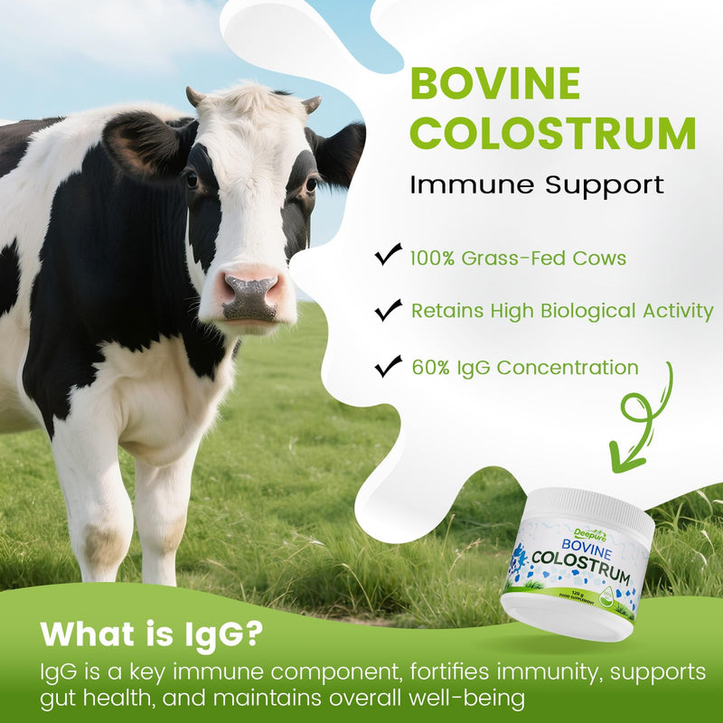 Grass-Fed Bovine Colostrum Powder – 60% IgG for Gut Health Immunity Muscle Recovery Unflavoured Non-GMO Hormone-Free Antibiotic-Free for Adults 60 Servings