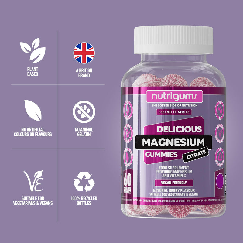 Magnesium Citrate 1250mg & Vitamin C Gummy | High Strength | 150mg of Elemental Magnesium & 80mg Vitamin C | Mixed Berry Flavour | 60 Vegan Gummies | Energy & Bone Support by NUTRIGUMS® 60 count (Pack of 1)