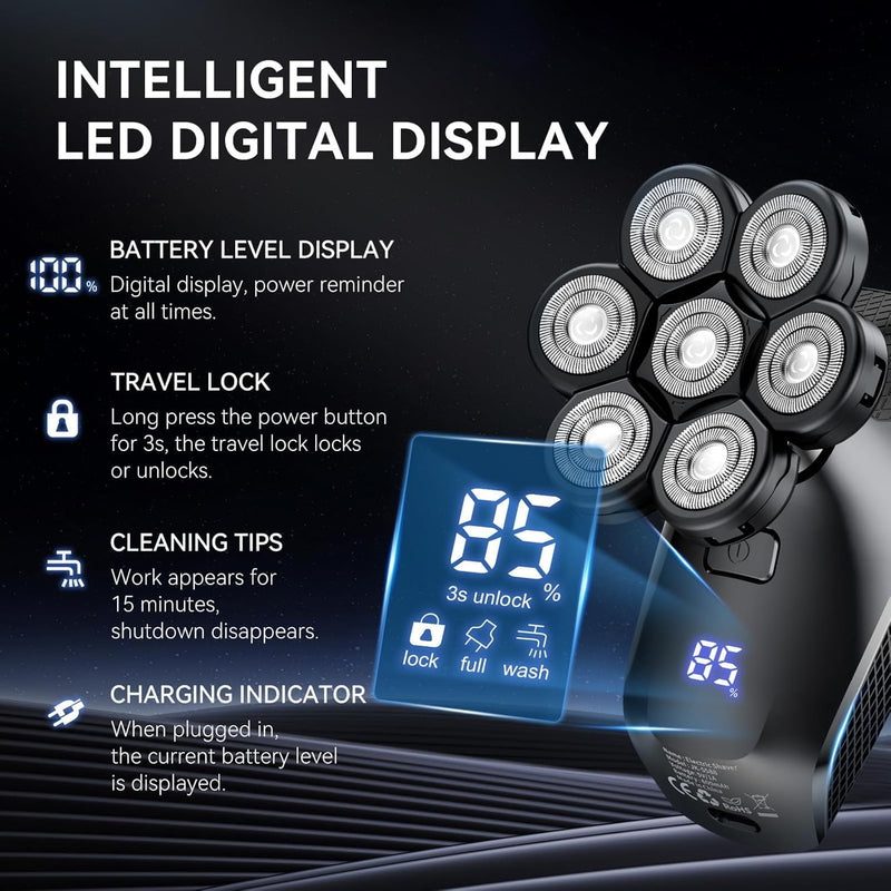 [Australia] - 7D Head Shavers for Bald Men - 5 in 1 Bald Head Shavers for Men, Body Shaver for Mens with Nose Hair & Beard Trimmer IPX6 Waterproof Wet Dry LED Display with Travel Case Cordless Head Razor (Black) Black-1 