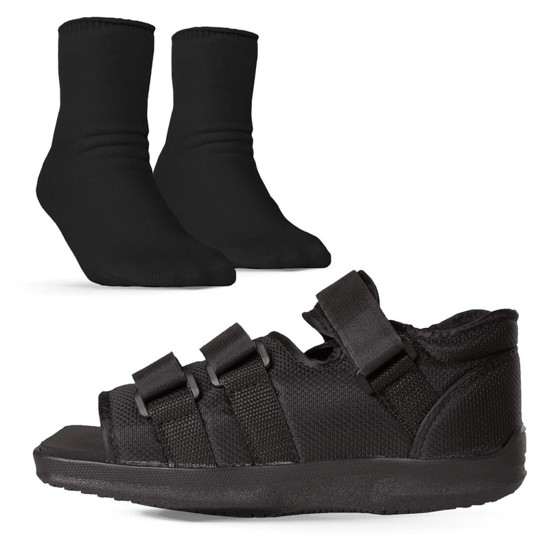 BraceAbility Post Op Shoe + Short Walking Boot Liner Socks Bundle - Orthopedic Foot Brace and Replacement Liners for Fractures, Broken Toe Recovery - Women’s Size 7.5-9.5, Men’s 6-8.5 (1 Pair Black)